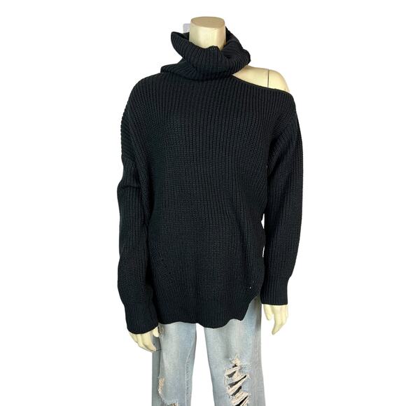 Lulu’s Womens sweater M Medium Black Knit Cold Shoulder Turtleneck Slouchy - Picture 8 of 11